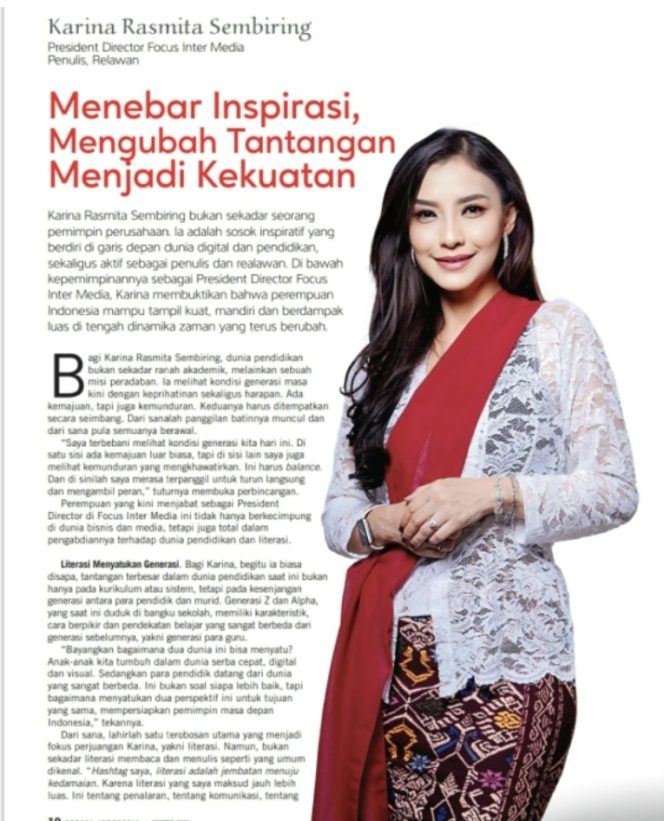 
					Karina Sembiring bersama tokoh perempuan nasional dalam sampul edisi spesial Kemerdekaan Majalah Kebaya Indonesia bertema “Perempuan Bela Bangsa Lewat Karya”, Rabu(13/8). 