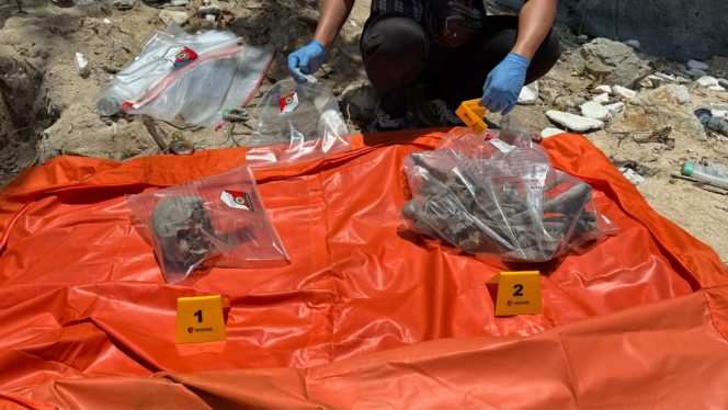 
 Barang bukti berupa tengkorak dan potongan tulang-belulang manusia yang ditemukan di Pulau Noran, Desa Batu Ampar, Kecamatan Kute Siantan, saat dilakukan olah TKP oleh tim Sat Reskrim Polres Kepulauan Anambas, Selasa (16/9), Sumber Foto: Polres Anambas. 