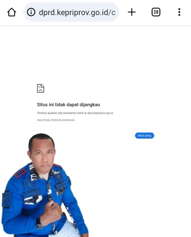 
					Tangkapan layar situs resmi DPRD Provinsi Kepulauan Riau yang tidak dapat diakses. Di bawah, Ketua Gerakan Anak Melayu Negeri Riau (GAMNR) Tanjungpinang, Sas Joni, menilai kondisi tersebut mencerminkan lemahnya pengelolaan teknologi informasi di lembaga wakil rakyat daerah, Kamis(30/10). 