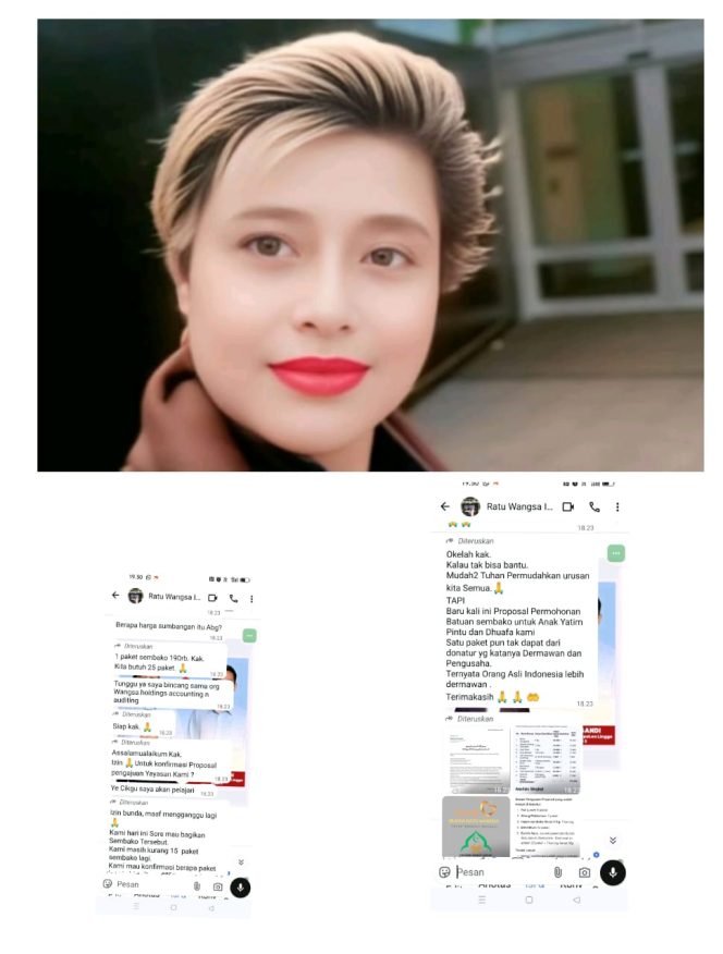 
					Ratu Wangsa, warga negara asing pemilik usaha spa di Batam, yang mengaku menjadi korban dugaan pungutan liar oleh dua oknum ormas. Dalam tangkapan layar percakapan WhatsApp, terlihat permintaan proposal bantuan dan paket sembako yang diduga diajukan oleh oknum terkait sebelum kasus ini mencuat, Jum'at(5/12). Sumber Foto:Istimewa.