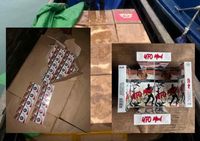 
					Barang bukti rokok ilegal merek PSG dan UFO MIND tampak tersusun di dalam kardus usai diamankan petugas Bea Cukai Batam. Rokok-rokok ini ditemukan dalam kapal kayu tanpa nama yang dihentikan saat patroli malam di Perairan Pulau Ngenang, Sabtu(6/12). 