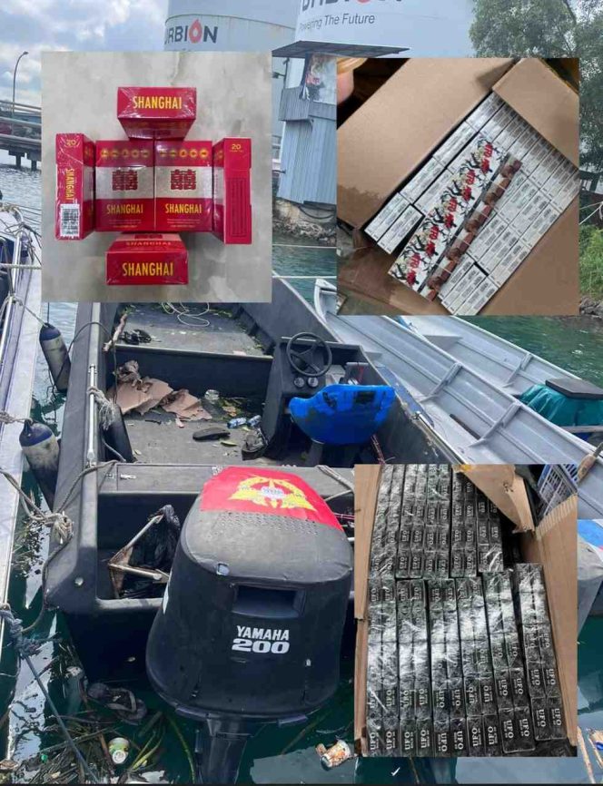 
					Barang bukti ratusan ribu batang rokok ilegal berbagai merek di antaranya Shanghai, Double Happiness, dan UFO serta sarana pengangkutnya diamankan petugas Bea Cukai Batam usai penindakan di perairan, Minggu(8/12). 