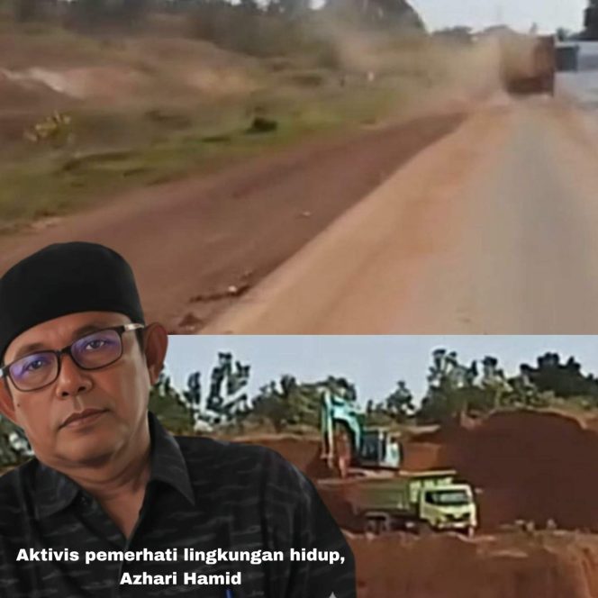 
					Aktivitas alat berat dan truk pengangkut tanah tampak berlangsung di lokasi cut and fill di kawasan Nongsa, Batam. Di sisi kiri, pemerhati lingkungan hidup Azhari Hamid ST, M.Eng yang turut menyoroti dampak aktivitas tersebut terhadap masyarakat dan lingkungan, Senin(8/12). 