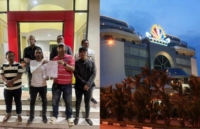 
					Korban dugaan kekerasan didampingi sejumlah rekan jurnalis saat menunjukkan salinan laporan polisi usai melapor ke Polsek Batu Ampar, Batam, Sabtu (13/12/2025). Foto kanan memperlihatkan tampak luar Hotel Pacific Palace, lokasi tempat hiburan malam yang disebut dalam laporan. Sumber Foto:Istimewa