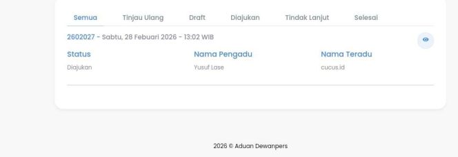 
					Tangkapan layar dashboard Layanan Pengaduan Elektronik Dewan Pers yang menunjukkan pengaduan atas pemberitaan media cucus.id telah resmi diajukan oleh Yusuf Lase pada Sabtu, 28 Februari 2026 pukul 13.02 WIB dengan status “Diajukan”.
