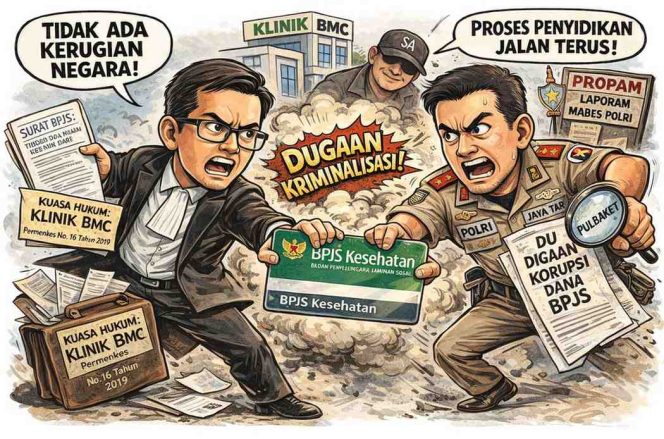 
					Ilustrasi karikatur yang menggambarkan dinamika proses hukum antara kuasa hukum Klinik Bintan Medical Center dan penyidik Polda Kepri dalam penanganan dugaan kasus penggunaan dana BPJS Kesehatan Tahun 2025. Ilustrasi ini merepresentasikan perdebatan dan upaya pembelaan hukum yang tengah berlangsung, Minggu (1/3). 