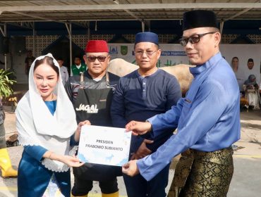 Plh Wali Kota Batam, Li Claudia Chandra, menyerahkan hewan kurban dari Presiden Prabowo Subianto ke Masjid Agung Raja Hamidah Batamcentre, Rabu (27/5/2026). Foto : Istimewa