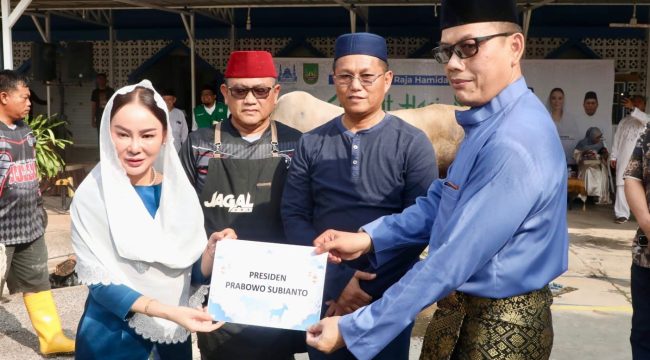 Plh Wali Kota Batam, Li Claudia Chandra, menyerahkan hewan kurban dari Presiden Prabowo Subianto ke Masjid Agung Raja Hamidah Batamcentre, Rabu (27/5/2026). Foto : Istimewa