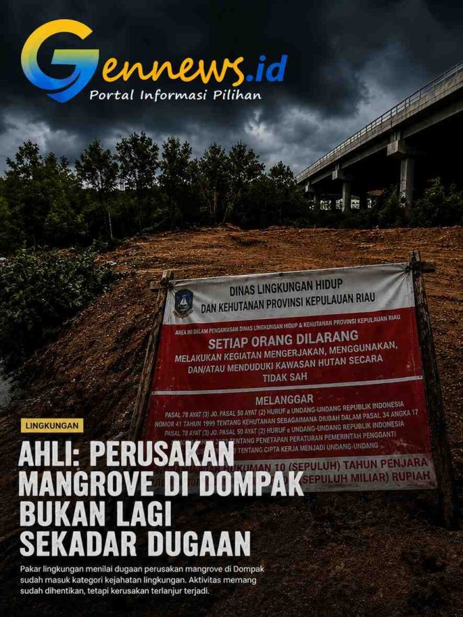 
					Kondisi lahan di kawasan jembatan I Dompak yang telah ditimbun, dengan plang larangan dari DLHK Kepri masih terpasang di lokasi, Selasa (19/5). 