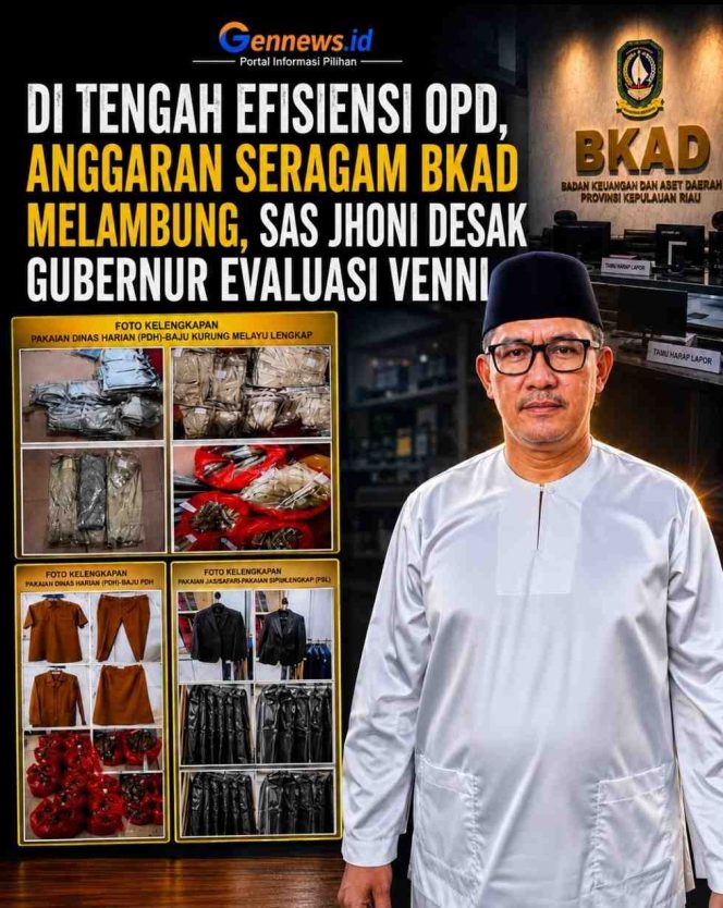 
					Ketua GAMNR Kota Tanjungpinang, Said Ahmad Syukri (Sas Jhoni), bersama dokumentasi pengadaan pakaian dinas BKAD Kepri yang menjadi sorotan publik, Jum'at (29/5). 