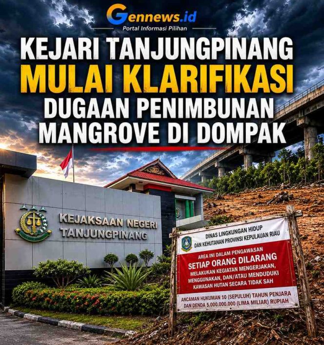 
					Kantor Kejaksaan Negeri Tanjungpinang dan kondisi kawasan Jembatan 1 Dompak yang menjadi lokasi dugaan penimbunan mangrove di Kota Tanjungpinang, Jum'at (22/5). 