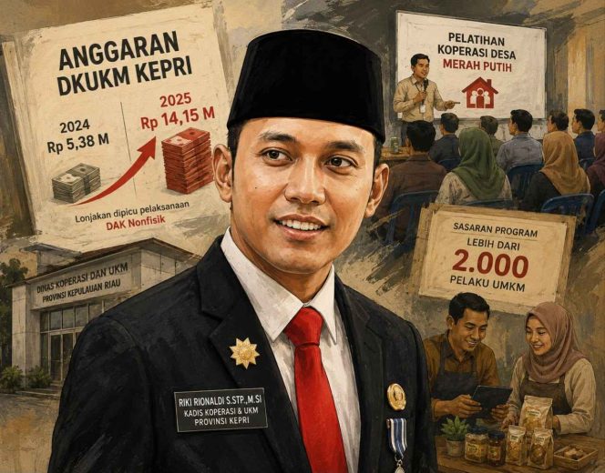 
					Karikatur editorial Kepala Dinas Koperasi dan UKM Provinsi Kepulauan Riau, Riki Rionaldi, dengan latar kegiatan pemberdayaan UMKM dan pelatihan SDM Koperasi Desa/Kelurahan Merah Putih terkait pelaksanaan program DAK Nonfisik Tahun 2025. (Ilustrasi/Gennews.id)
