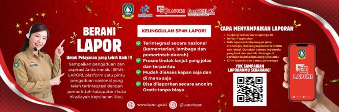 
					Poster sosialisasi SP4N-LAPOR! Pemerintah Provinsi Kepulauan Riau yang mengajak masyarakat berani menyampaikan aspirasi dan pengaduan melalui kanal resmi.