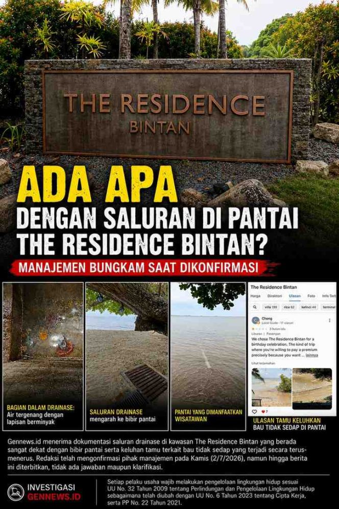 
					Kolase dokumentasi The Residence Bintan yang memperlihatkan pintu masuk resort, kondisi saluran drainase dan bak kontrol yang tampak terdapat lapisan menyerupai minyak, lokasi saluran di bibir pantai, kawasan pantai yang digunakan wisatawan untuk berenang, serta tangkapan layar ulasan tamu yang mengeluhkan bau di area pantai. Hingga berita ini diterbitkan, manajemen The Residence Bintan belum memberikan tanggapan atas konfirmasi yang disampaikan redaksi.