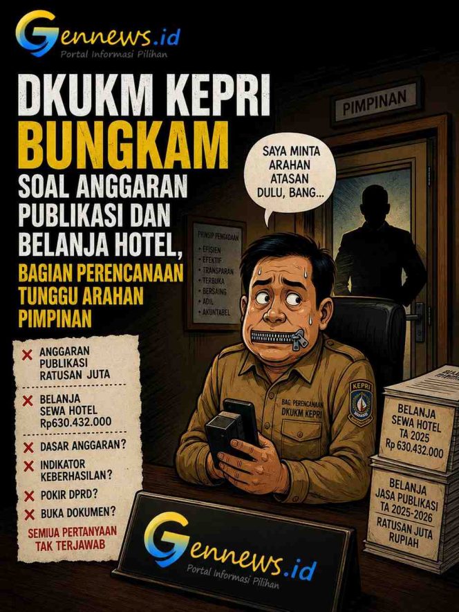 
					Karikatur ilustrasi yang menggambarkan sikap Bagian Perencanaan DKUKM Provinsi Kepulauan Riau yang masih menunggu arahan pimpinan sebelum memberikan penjelasan atas pertanyaan Gennews.id mengenai anggaran belanja publikasi dan belanja sewa hotel, Sabtu (18/7). 