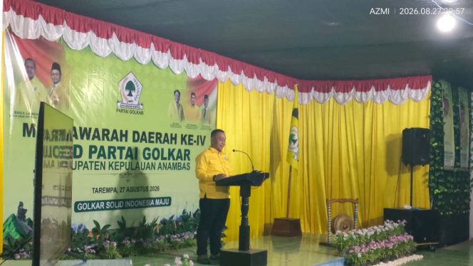 
					Ketua DPD Partai Golkar Kabupaten Kepulauan Anambas, Indra Syahputra, saat menyampaikan sambutan dalam Musyawarah Daerah (Musda) ke-IV Partai Golkar Anambas di Aula Siantan Nur, Kamis (27/8/2026) malam.