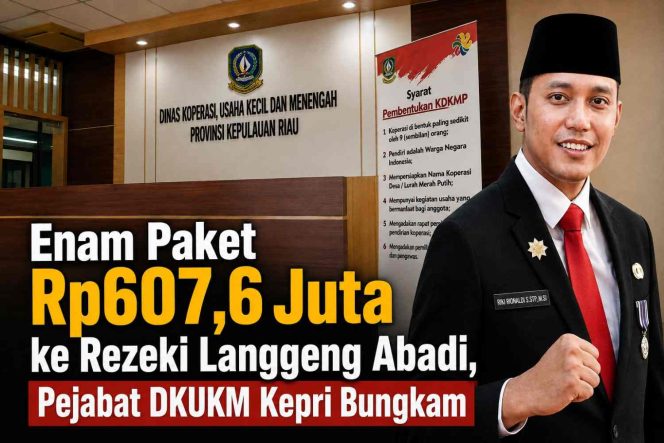 
					Ilustrasi Riki Rionaldi, Kepala DKUKM Kepri, dengan latar Kantor Dinas Koperasi, Usaha Kecil dan Menengah Provinsi Kepulauan Riau. Berdasarkan data yang ditelusuri Gennews.id, enam paket kegiatan Tahun Anggaran 2025 tercatat menggunakan penyedia Rezeki Langgeng Abadi dengan total nilai Rp607,6 juta. Foto Riki: Dok. Instagram @dkukmkepri. Ilustrasi: Gennews.id.