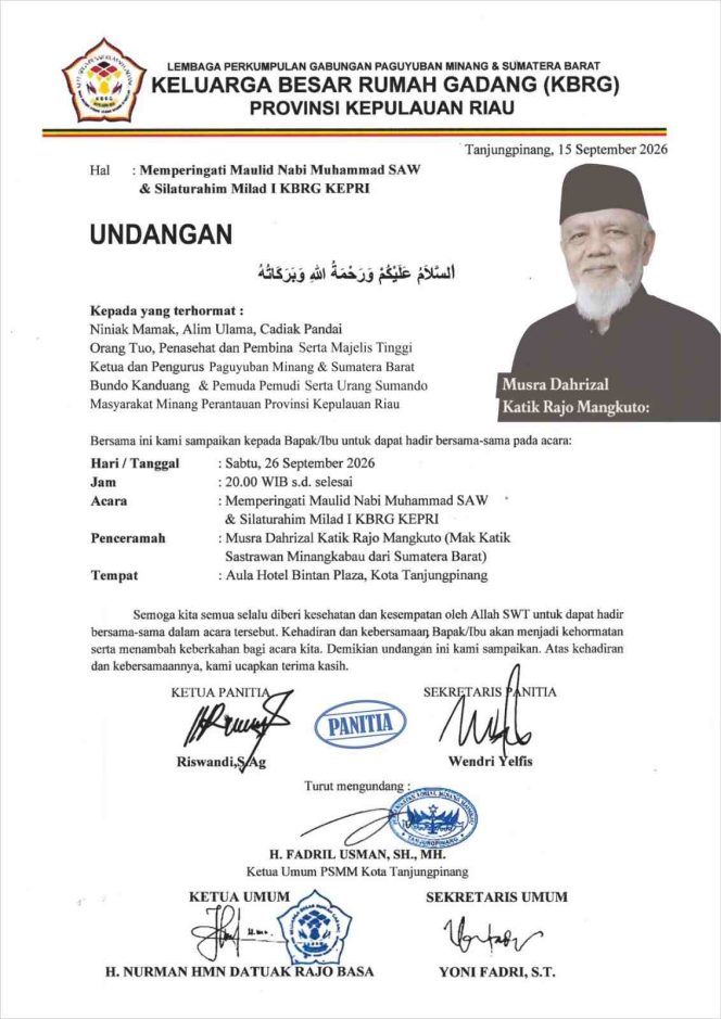 
					Flyer kegiatan Maulid Nabi Muhammad SAW dan Silaturahim Milad I KBRG Provinsi Kepulauan Riau yang akan digelar di Aula Hotel Bintan Plaza, Tanjungpinang. 