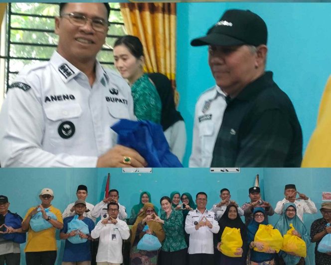 
					Bupati Kepulauan Anambas Aneng menyerahkan secara simbolis bantuan sembako dari Presiden RI kepada warga penerima di Desa Tarempa Barat, Kecamatan Siantan, Rabu (7/10/2026).