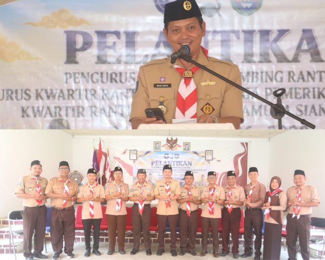 
					Ketua Kwartir Cabang Gerakan Pramuka Kepulauan Anambas, Raja Bayu Febri Gunadian, saat memberikan sambutan pada pelantikan Mabiran, Kwarran dan LPK Kwarran Siantan Timur, Rabu (7/10/2026).