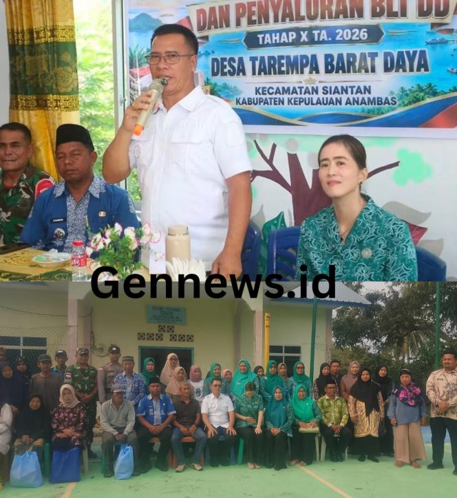 
					Bupati Kepulauan Anambas, Aneng, menyampaikan kondisi keuangan daerah dan prioritas anggaran saat penyerahan bantuan sembako Presiden RI Prabowo Subianto di Desa Tarempa Barat Daya, Kamis (8/10/2026).